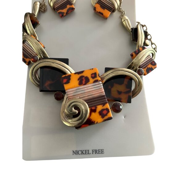 Fashion Jewel Set Earrings Necklace Tortoise Shell Pattern Gold-Tone Nickel Free - Picture 3 of 5